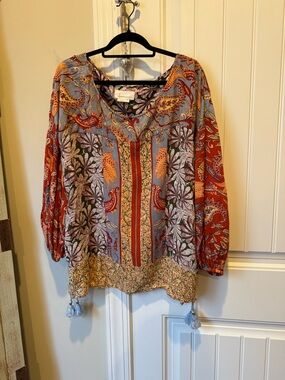 Anthropologie Multicolor Boho Tassel Tunic — Light Blue & Rust